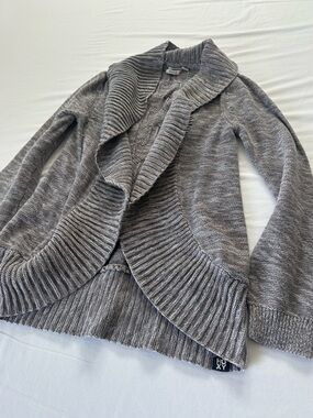 Roxy Gray Ribbed Open-Front Cascade Cardigan